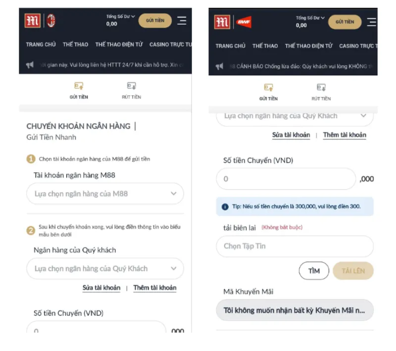 thực hiện nạp tiền M88